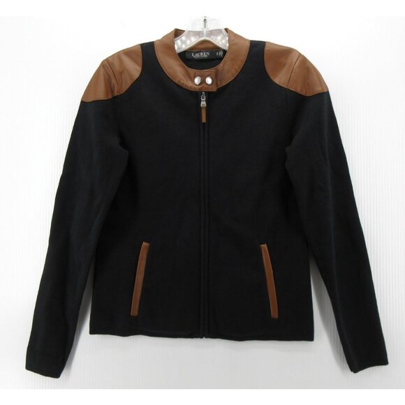 Lauren Ralph Lauren Label Jacket Small Black Moto Faux Leather Trim